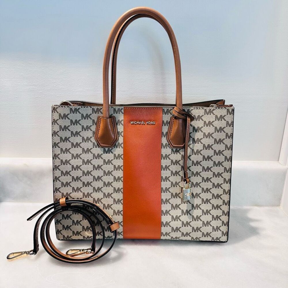 Michael Kors Womens Bag Purse MK Center Stripe Mercer Tote Natural Orange w/Cros